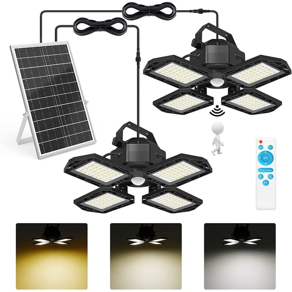 Solar Outdoor Lights Solar Lights Indoor Motion Sensor Pendant Light 3 Colors 4-Leaf 4 Modes with Remote, 2x16.4ft Wire Waterproof Security Lamp for Garage Shed Home Barn Shop Gazebo(2 Pack)