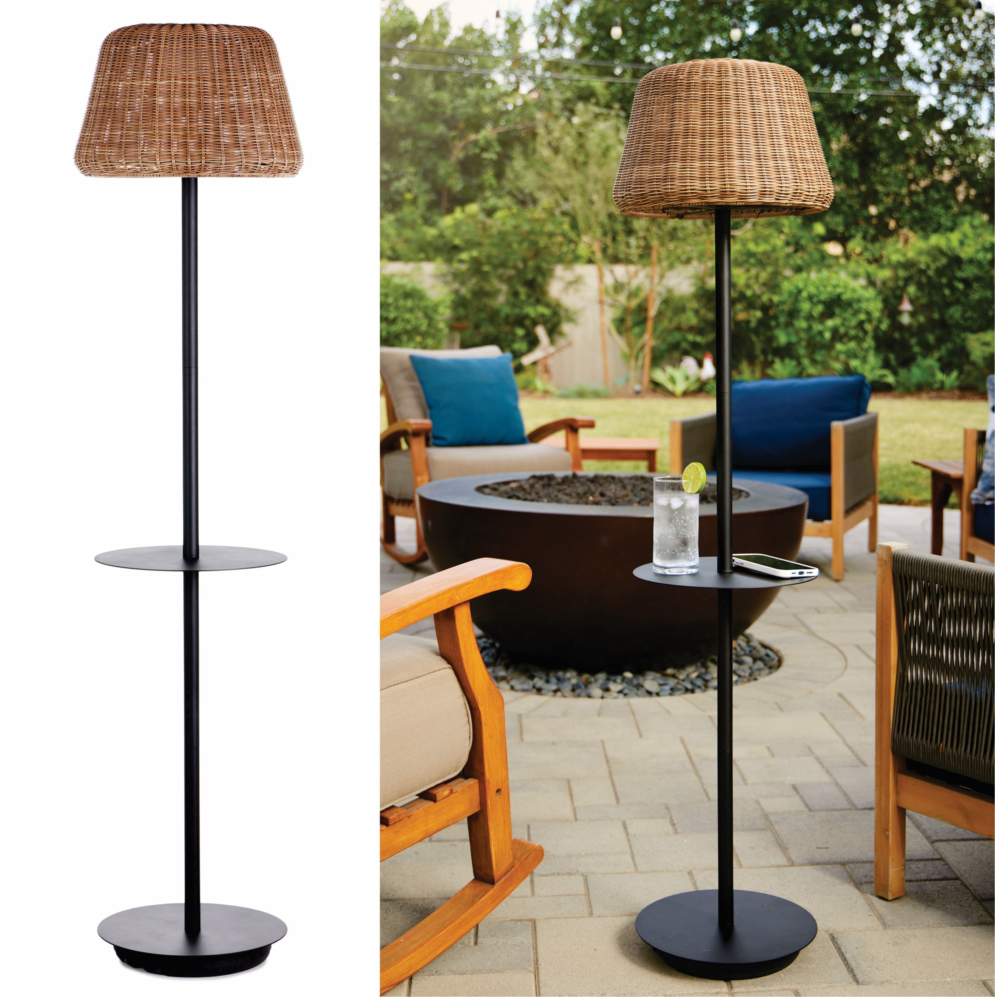 Solar Outdoor Lights Solar Floor Lamp with Table - Cordless Outdoor Floor Lamp - Patio, Porch, Garden - Rattan Wicker Lights for Outside - Waterproof, Rechargeable, Weatherproof