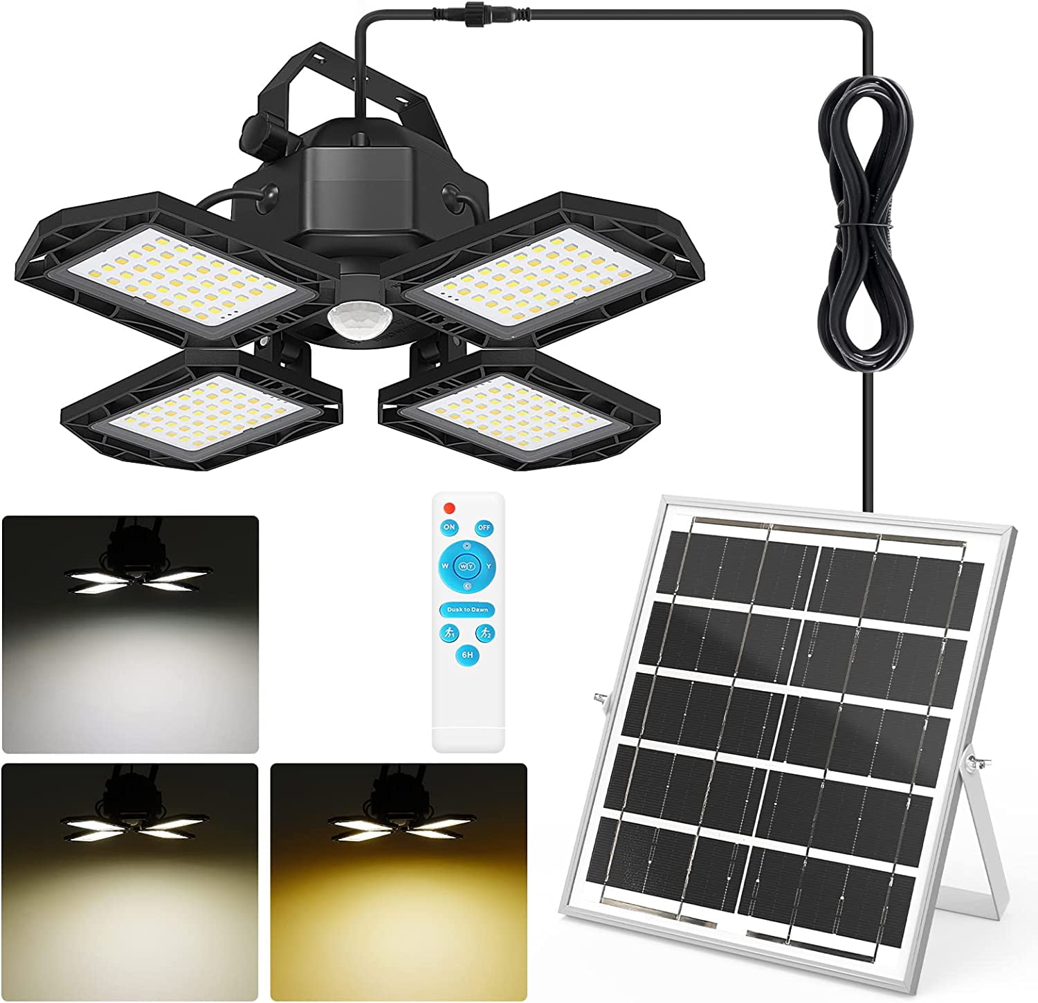 Solar Outdoor Lights Solar Lights Indoor Motion Sensor Pendant Light 3 Colors 4-Leaf 4 Modes with Remote, 16.4ft Wire Waterproof Security Lamp for Garage Shed Home Barn Shop Gazebo(1 Pack)