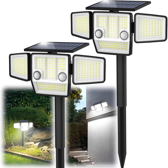 Solar Outdoor Lights with Stakes, 2500LM 180? PIR Motion Sensor, 360? Wide Angle Illumination, In-Ground or Wall Mount, IP65 , 3 Modes, 236 LEDs Flood Light, 2 Pack