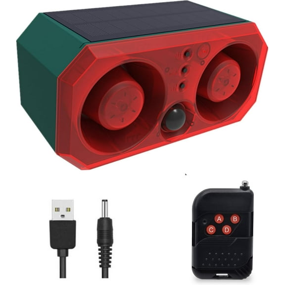 Solar Outdoor Motion Sensor Alarm-13 Sounds Including Dog Barking&Gunshot,2*130db Loud Noise Maker,+/-Volume,4 Modes,Support Recording,Strobe Light with USB,Say Goodbye to The Intruders