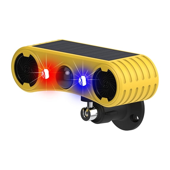 Solar Outdoor Motion Sensor Alarm with 13Sounds,129db Gunshot Dog Barking Sound with Red Blue LED Flashing Warning Security Strobe Light for Farm Yard Orchard Barn