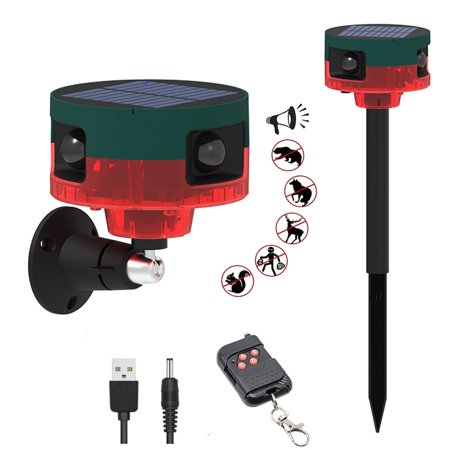 Solar Outdoor Motion Sensor Alarm-Dog Barking&Gunshot Sound,130db Loud Noise Maker,Support Recording,13 Kinds of Sound Strobe Light with USB,Say Goodbye to The Intruders