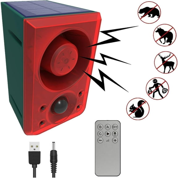 Solar Outdoor Motion Sensor Alarm-Dog Barking or Gunshot Sound,Support Recording&Volume,130db Loud Noise Maker,3 Work Modes Strobe Light with USB,Say Goodbye to The Intruders