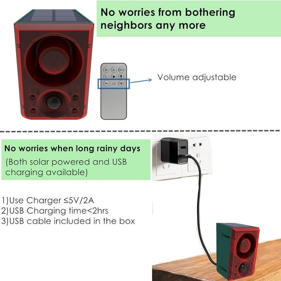 Solar Outdoor Motion Sensor Alarm, Dog Barking, Support Recording&±Volume,130db Loud Noise Maker,3 Work Modes Strobe Light with USB,Say Goodbye to the Intruders