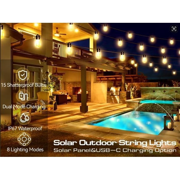 Solar Outdoor Party Lights Waterproof LED IP66 with 15 Edison Bulb Warm White String Lights Patio Lights for Christmas Camping Wedding Birthday Backyard Gazebo Party Decor