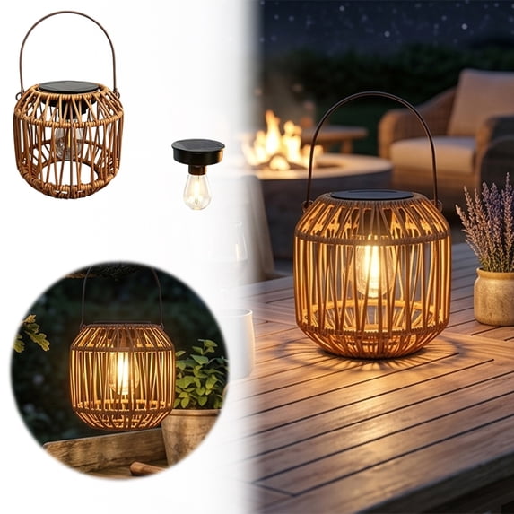 Solar Outdoor Rattan Lantern Hanging Light, Decorative Patio Garden Backyard Lamp with Woven Wicker Design, Weatherproof Hanging Lighting for Camping & Outdoor Night Ambiance, 5.9"x9"