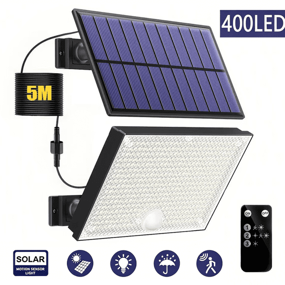 Solar Outdoor Security Flood Light, 400 LED PIR Motion Sensor with 16.4ft Extension Cord, 1 Pack for Yard, Garage, Porch