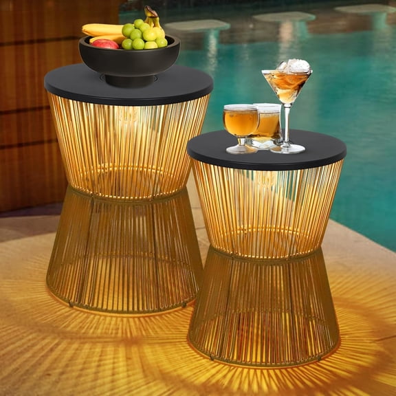 Solar Outdoor Side Table with Dimmable Light, Patio Side Tables for Outside, Round Outdoor End Tables Set of 2, Plastic Rattan Patio End Accent Table for Poolside Backyard Gazebo, Dusk to Dawn
