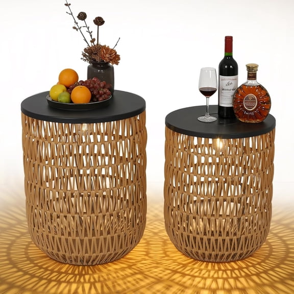 Solar Outdoor Side Table Set of 2 with Dimmable Light, Round Patio Side Table for Outside, Outdoor End Accent Tables, Plastic Rattan Patio End Table for Poolside Backyard Gazebo, Dusk to Dawn