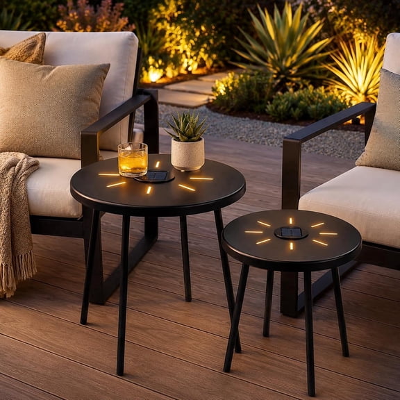 Solar Outdoor Side Table Set of 2 with Warm LED Light, Round Metal Patio End Tables, IP44 Water-Resistant Stackable Accent Tables for Balcony Porch Garden Poolside, Black