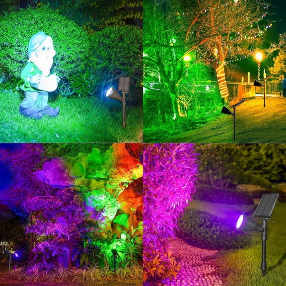 Solar Outdoor Spotlights - 18 LED, 600 Lumens, Waterproof, 7 Colors Adjustable for Year Round , Garden, and Landscape Festive Lighting (2 Pack)