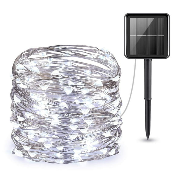 Solar Outdoor String Lights 100 LED Solar Powered Fairy Lights 33ft Flexible Copper Wire Auto On/Off 8 Modes Waterproof IP65 String Lights for Garden, Patio, Windows, Trees, Party (Cool white)