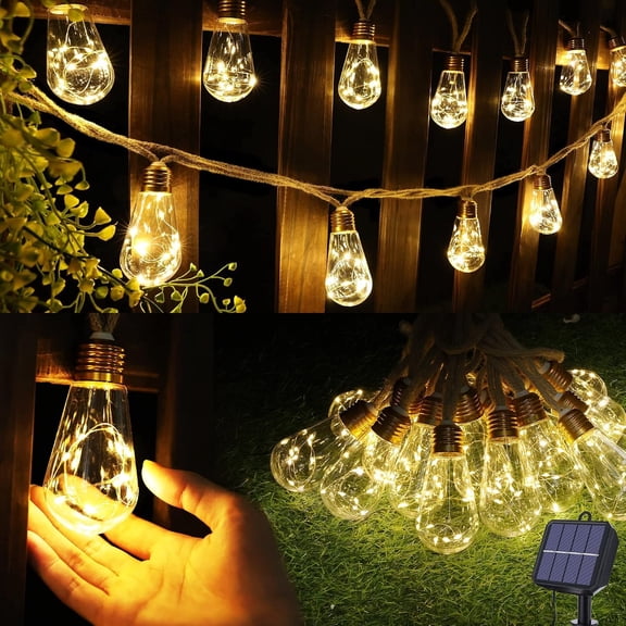 Solar Outdoor String Lights, 20Ft  Rope  Solar Patio Lights,  Warm White Solar  String Lights With 8 Modes 16 Shatterproof Bulbs for Garden Fence Stairs Balcony Cafe Bistro