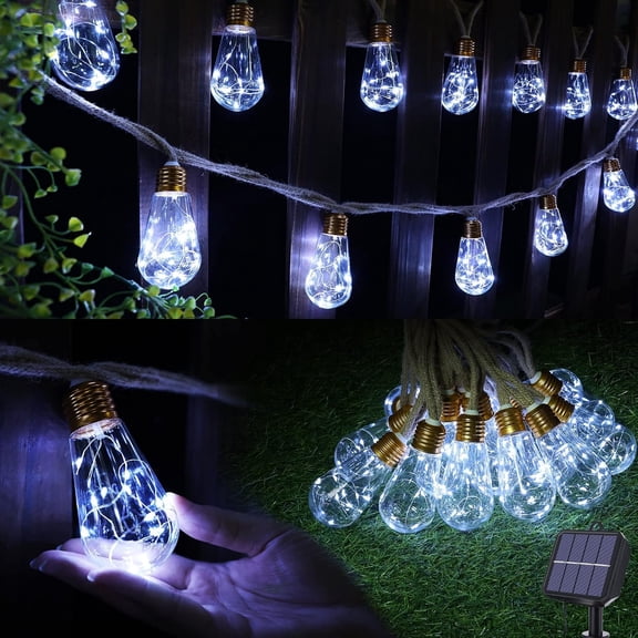 Solar Outdoor String Lights, 20Ft  Rope  Solar Patio Lights,  White Solar  String Lights With 8 Modes 16 Shatterproof Bulbs for Garden Yard Fence Stairs Balcony Cafe Bistro
