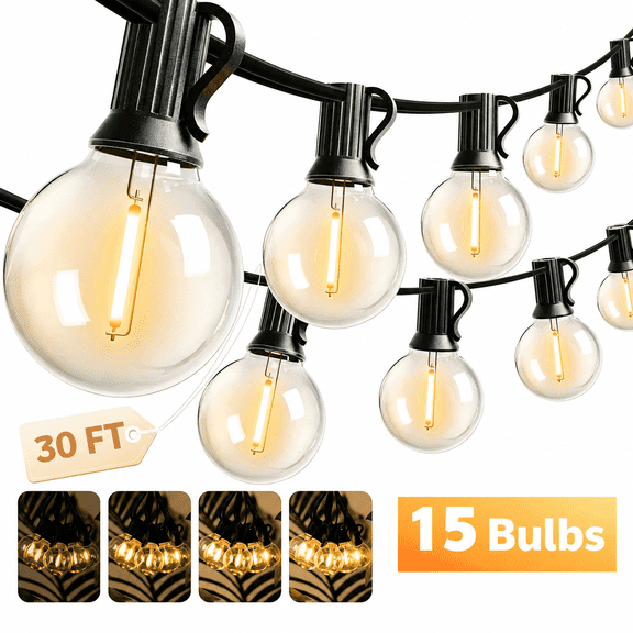 30FT Solar Powered Patio String Lights with 15 G40 Shatterproof Bulbs, Remote Control, Waterproof Hanging Lights for Backyard Garden Decor