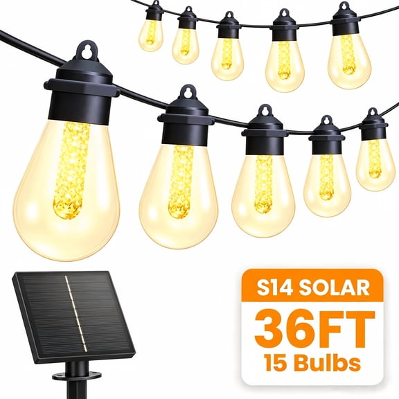 Solar Outdoor String Lights, 36FT S14 String Lights with 15 Bulbs, Waterproof & Shatterproof, for Porch, Backyard, Holiday
