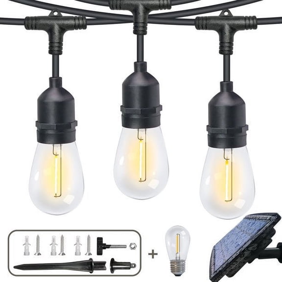 Solar Outdoor String Lights 48ft Waterproof Shatterproof Patio Lights with Powered Panels, Fmixtown S14 2700K LED 5V Hanging Bulb, Decorative Garden Porch Party Camping Deck String Lights for Outside