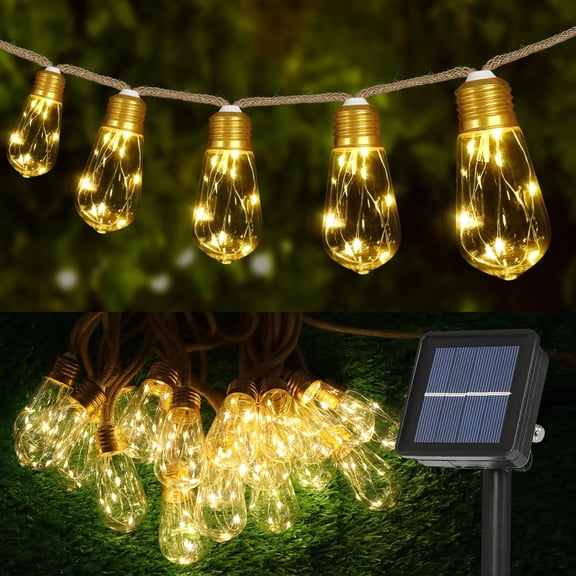 Solar Outdoor String Lights Vintage Rope Hemp Solar Lights with 20 Shatterproof Bulbs,8 Modes Solar Powered String Lights with Memory Function, Waterproof for Garden,Camping,Café(Multicolor)