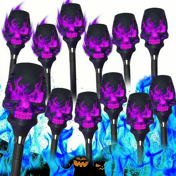 12PCS-Halloween Solar Lights Outdoor Pathway Lights, LED Waterproof Skull Stake Lights for Yard Garden Path Walkway Driveway Patio Lawn Halloween Décor (Purple)
