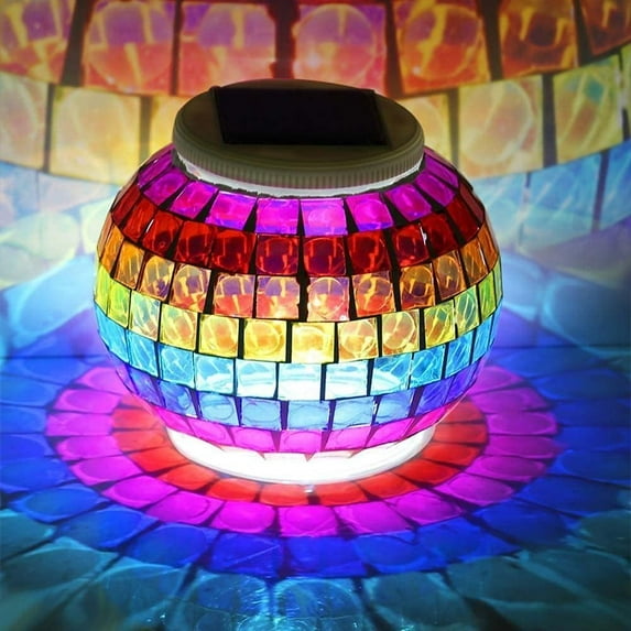 Solar Outdoor Table Lamp, Solar Powered Mosaic Glass Ball Garden Lights Waterproof Color Changing Mood Night Lights for Garden (Rainbow)