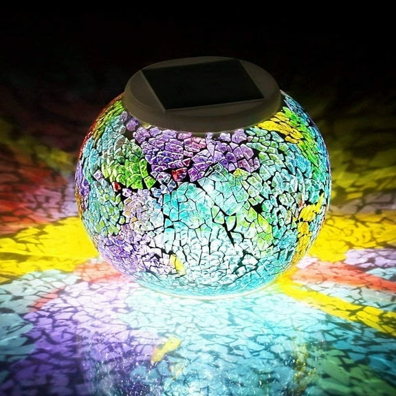 Solar Outdoor Table Lamp, Solar Powered Mosaic Glass Ball Garden Lights Waterproof Color Changing Mood Night Lights for Garden (Rainbow)