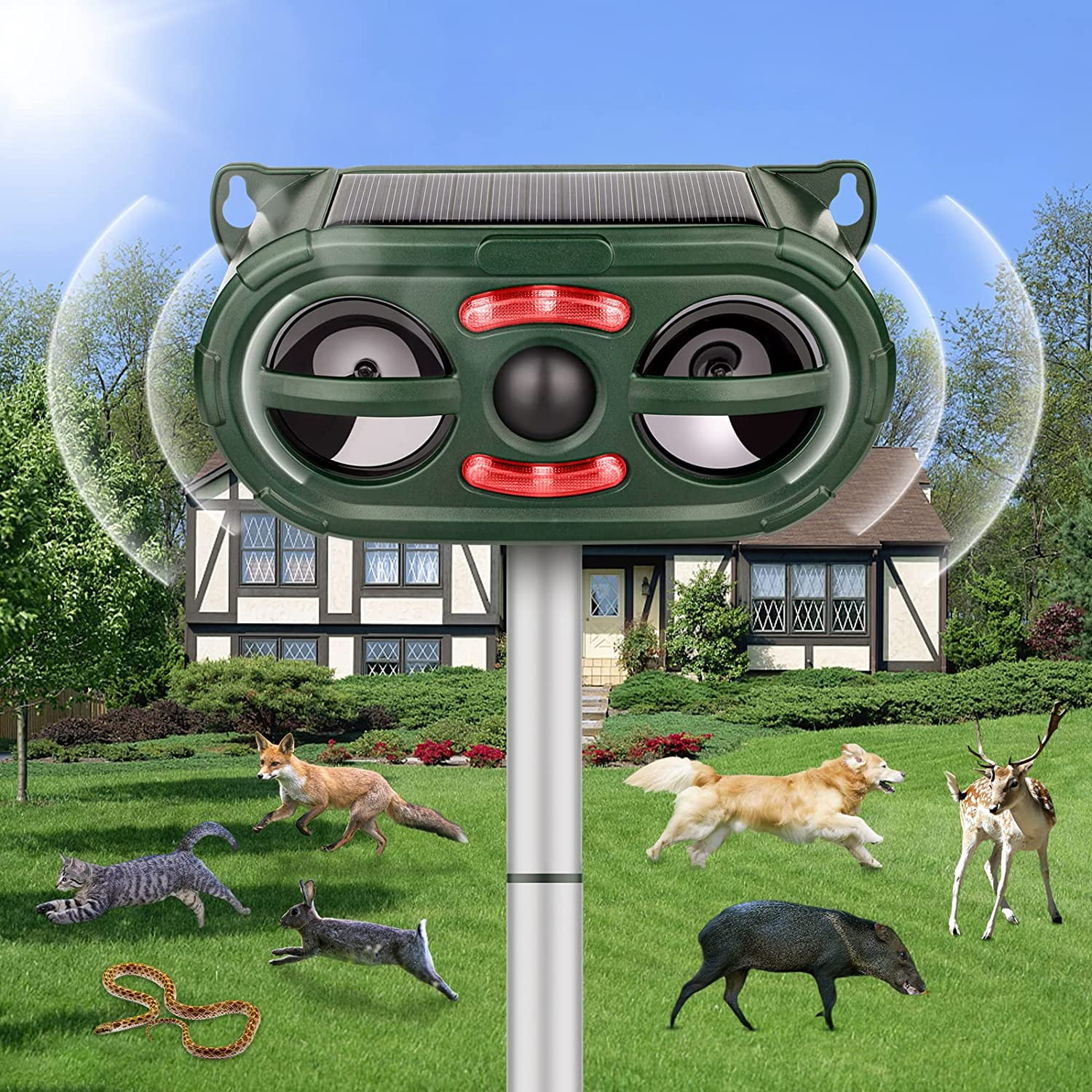 Solar Outdoor Ultrasonic Animal Repellent, with Motion Sensor and