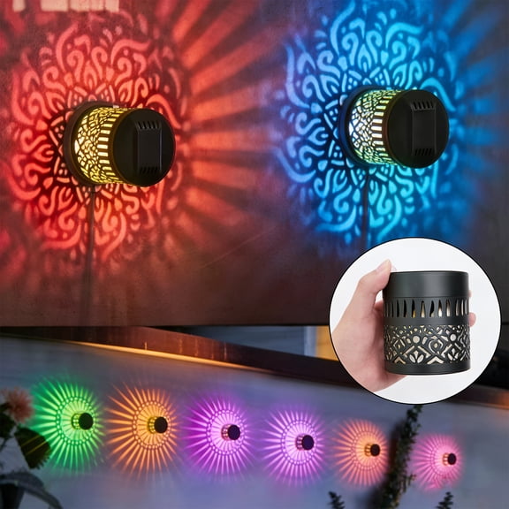 Solar Outdoor Wall Lights – Cylinder Mandala RGB Color Changing Sconce, 16 Color LED Landscape Lighting with Remote, Waterproof Exterior Lamp for Garden Patio Pathway