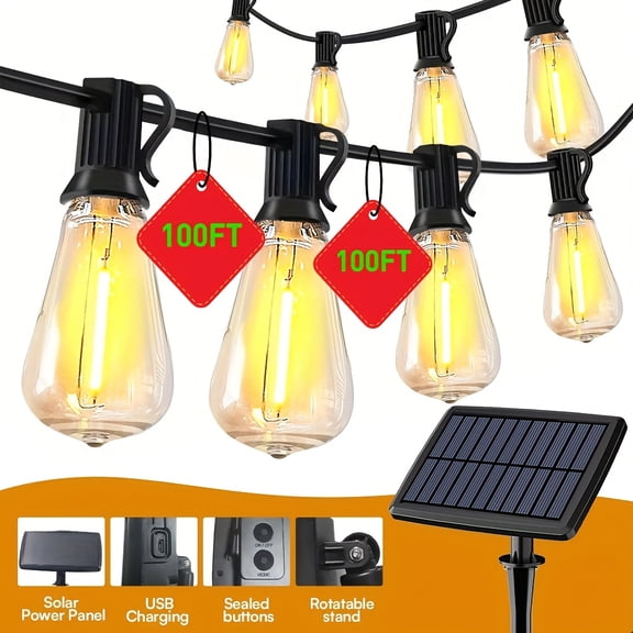 Solar Outdoor Waterproof String Lights, 50/100ft LED ST38 Shatterproof Dimmable Globe Bulbs, 4 Lighting Modes, for Garden Yard Patio Pool Camping Wedding Tent Decor