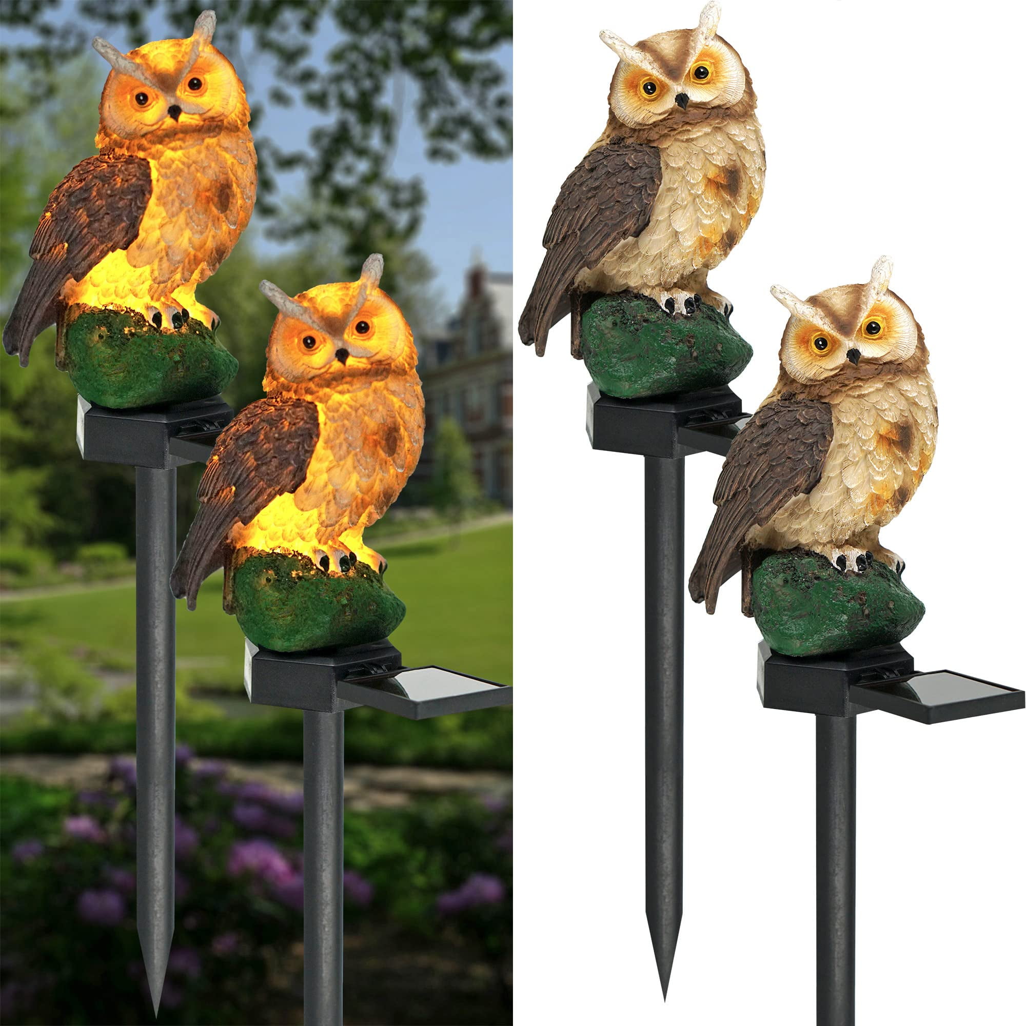 Solar Owl Garden Light - 2 Pack Outdoor Path Solar Powered Owl Stake ...