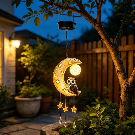 Solar Owl Moon Garden Light, Crescent Moon Owl Hanging Lantern with ...