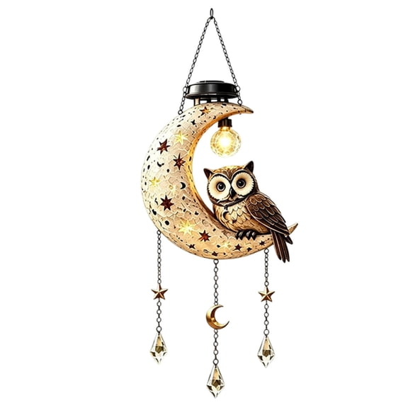 Solar Owl Moon Garden Light Hanging Outdoor LED Lantern 15.75" Resin Decorative Pendant with Warm Glow & Star Moon Drops for Yard Patio & Porch