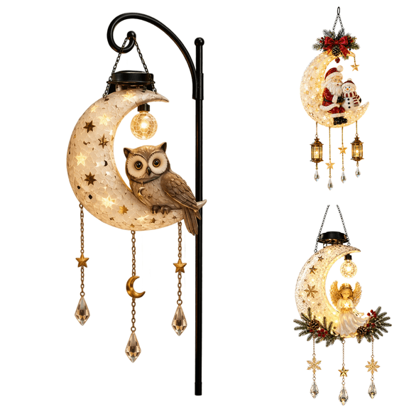 Solar Owl Moon Garden Light Outdoor Hanging Halloween Decor Solar Powered LED Owl Lantern with Crescent Moon Design Waterproof Patio Yard Decoration for Garden Lawn Pathway
