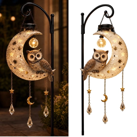 Solar Owl Moon Garden Light, Outdoor Iron Owl Figurine Hanging | Lantern for Patio Yard, Star Moon Pendant, Whimsical Tree Yard Patio Porch Garden Outdoor Decor