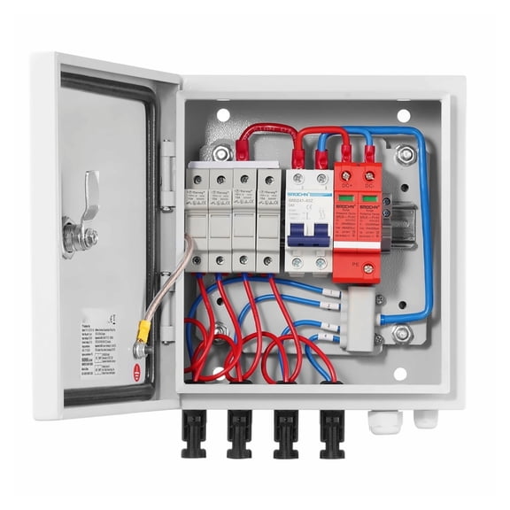 Solar PV Combiner Box 4 String 15A - IP65 Steel Case for Solar Panels - Grid Tie/Off Grid Systems - Lightning & Surge Protection