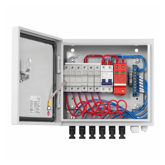 Solar PV Combiner Box 6 String 15A - IP65 Steel Case for Solar Panels - Grid-Tie/Off-Grid Systems - Lightning & Surge Protection