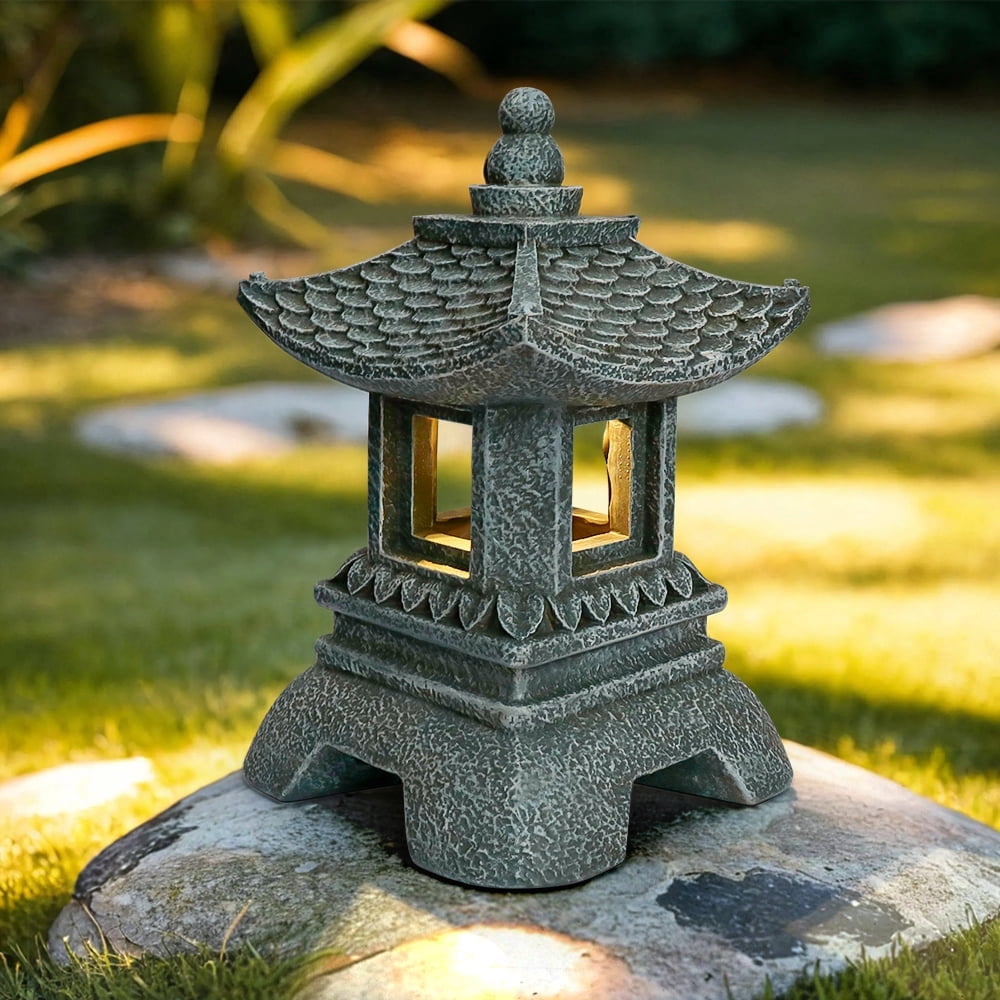 12 Inch Solar Japanese Pagoda Lamp Statue, Zen Asian Style Outdoor Garden Ornament, Art Decor Figurine for Balcony Patio Porch Yard Landscape