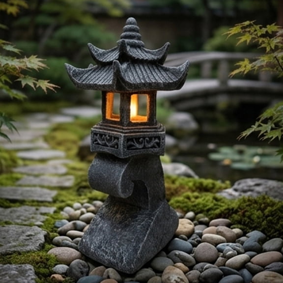 Solar Pagoda Garden Statue, Japanese Style Lantern Sculpture with Ambient Light for Yard and Patio, Zen Landscape Accent for Lawns, Flower Beds, Balconies and Pathways