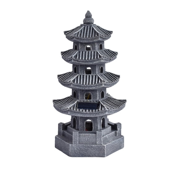 Solar Pagoda Garden Statue Lantern, Resin Outdoor Zen Japanese Decor with LED Light, Gray Stone-Look Buddhist Tower for Balcony Patio Porch Yard & Meditation Space