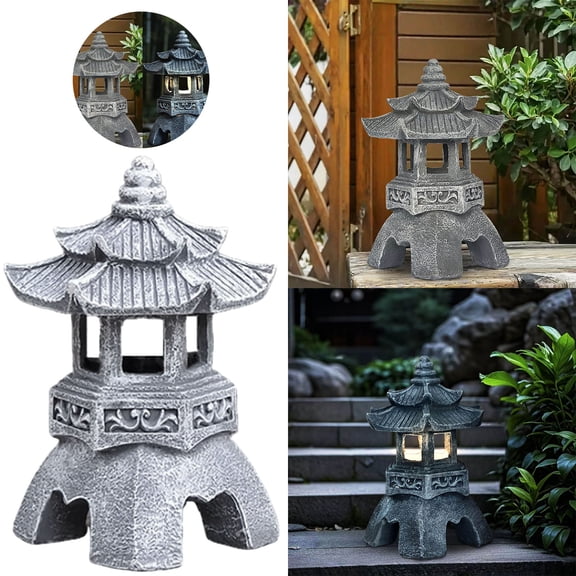 Solar Pagoda Garden Statue Square Roof Japanese Zen Outdoor LED Light Resin Solar Powered Pagoda Lamp Auto On/Off for Yard Patio Lawn Decor