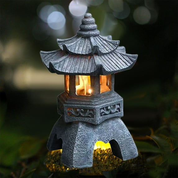Solar Pagoda Lantern Garden Statue LED Light Outdoor Zen Garden Japanese Lantern for Landscape Balcony Patio Porch Yard Art Decor Gray Stone Finish