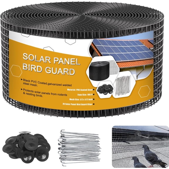 Solar Panel Bird Guard,6in x 100ft Critter Guard Roll Kit for Roof Protection Net Wire Screen,Rust-Proof Black PVC Coated Galvanized Net Pigeon Mesh with 70 Fastener Clips for Bird,Animal Control