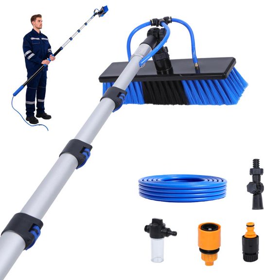 Solar Panel Cleaning Kit with 15ft Telescopic Pole, Dual Water Nozzle System, Foam Soap Dispenser, Soft PP Bristles for Windows, RV, Roof & Gutters