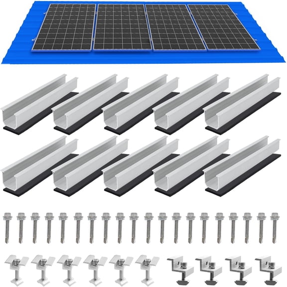 Solar Panel Mounting Brackets, Roof Mount Kit, Rails and Clamps Included for Thickness 1.18-1.38, 4pcs in A Row Assembly on Tin, Flat and Sheet Rooftop, Aluminum Alloy