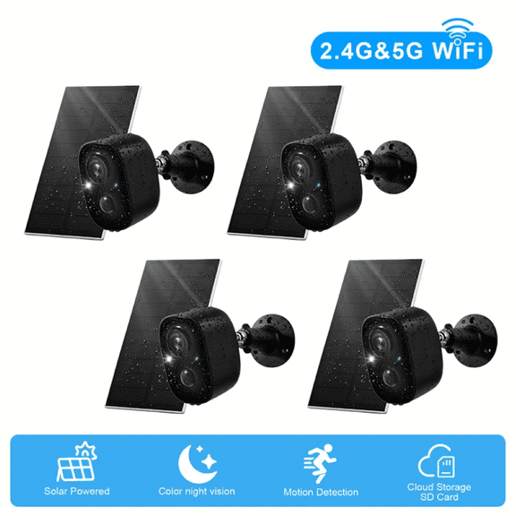 Solar Panel Outdoor Security Camera, Battery Powered, 2.4/5GHz WiFi, Two-Way Audio, Color Night Vision, Motion Light, Waterproof