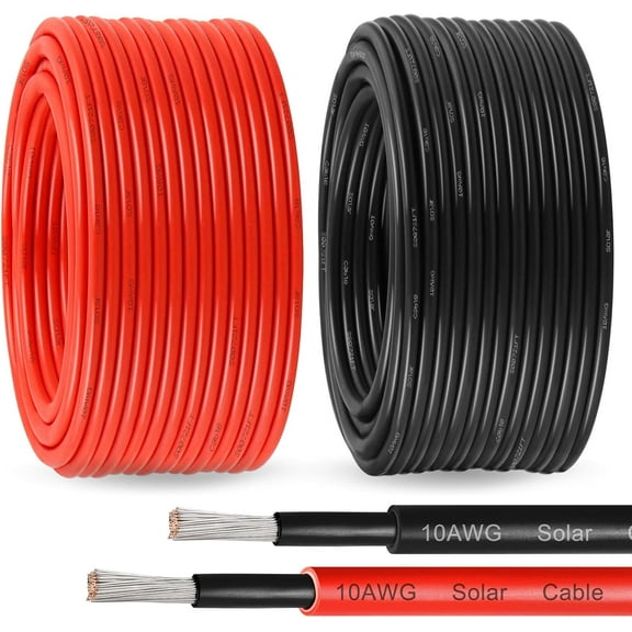 Solar Panel Wire 10 AWG(6mm) - Solar Extension Cable 100Ft Black & 100Ft Red 10 Gauge Tinned Copper PV Wire for Outdoor Automotive RV Solar Panel Boat Marine (Black+Red)