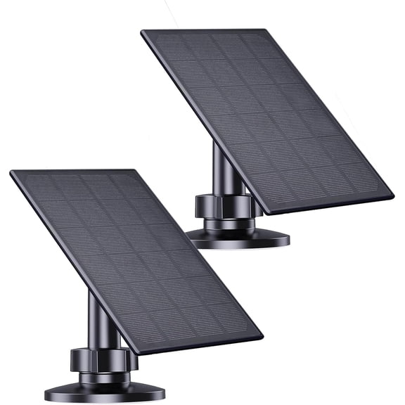 Solar Panel for Security Camera, 2W Charger with Micro USB & USB-C Port Rechargeable Battery 360 Adjustable Mount, Black (2 Pack)