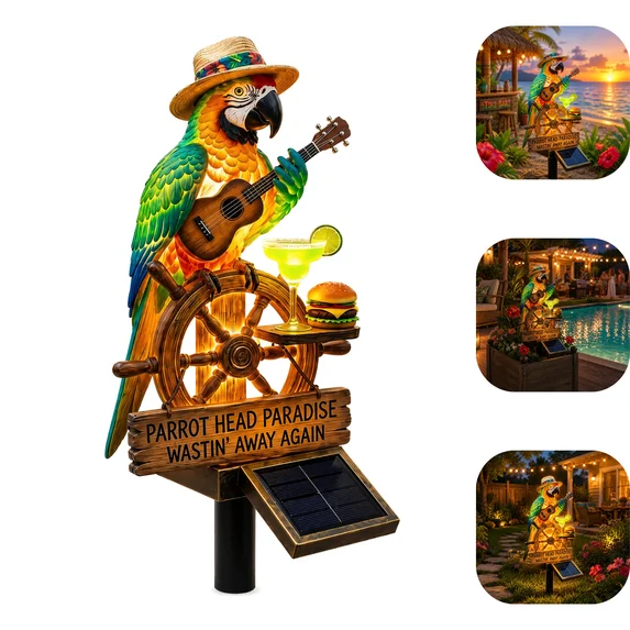 Solar Parrot Garden Light, Wastin' Away Again Island Style LED Light, Mini Drink & Burger Props, All-Weather Decor for Patio and Backyard