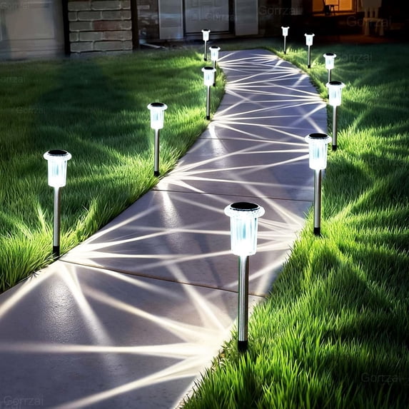 Solar Pathway Lights 10 Pack Outdoor Waterproof 6000K Cold White Yard Lighting LED Stainless Steel Stake for Garden Outside Landscape Lawn Driveway Walkway Path