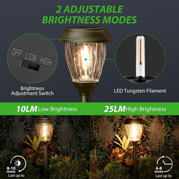 Solar Pathway Lights - Glass & Stainless Steel, 10/25 LM Brightness, 2 Adjustable Modes, Waterproof LED Garden Lights for Yard, Lawn, Driveway, Walkway & Landscape Decor (Warm White)